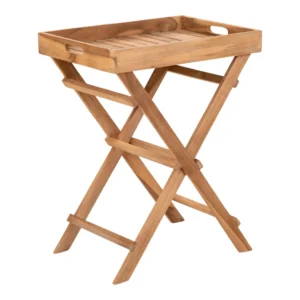 De Ronda Teak Dienbladtafel is een houten inklapbaar dienbladtafeltje (29x39x49,5 cm) met een rechthoekig blad van teakhout, opstaande randen, handgrepen aan de zijkant en stevige gekruiste poten voor ondersteuning.