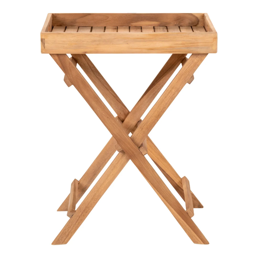 De Ronda Teak Dienbladtafel is een eenvoudige, moderne klaptafel met een rechthoekig blad en gekruiste poten, gemaakt van lichtgekleurd teakhout. Afmetingen: 29x39x49,5 cm.