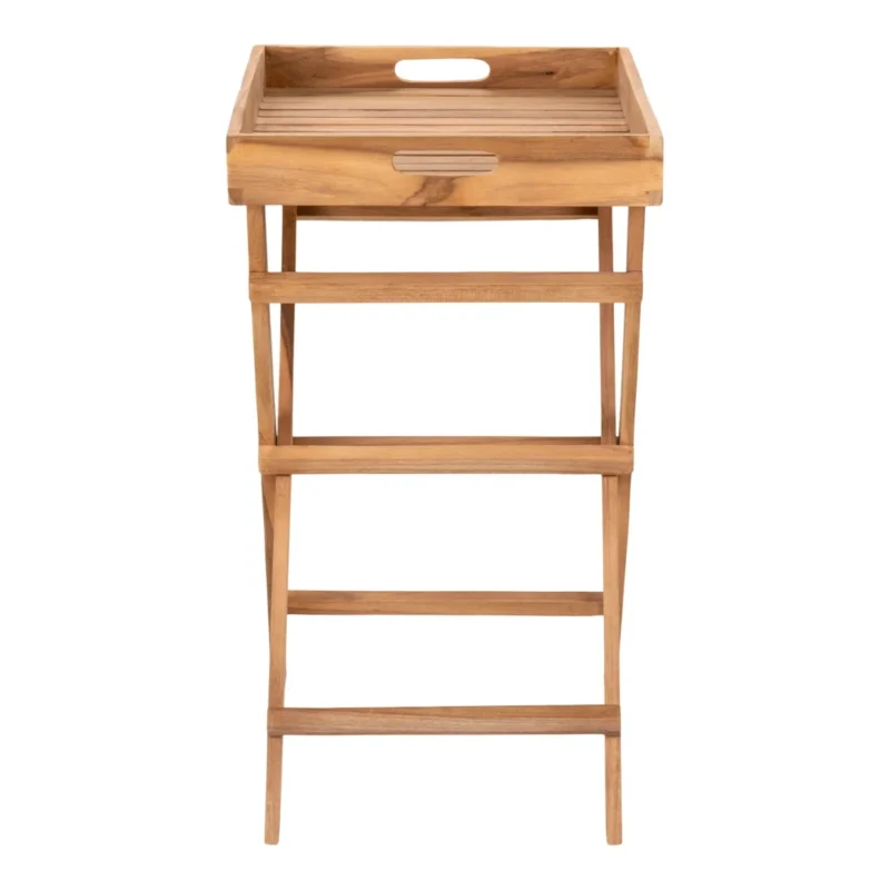 De Ronda Teak Dienbladtafel is een teakhouten inklapbaar dienbladtafeltje (29×39×49,5 cm) met een rechthoekig blad, handvatuitsparing en gekruiste inklapbare poten.
