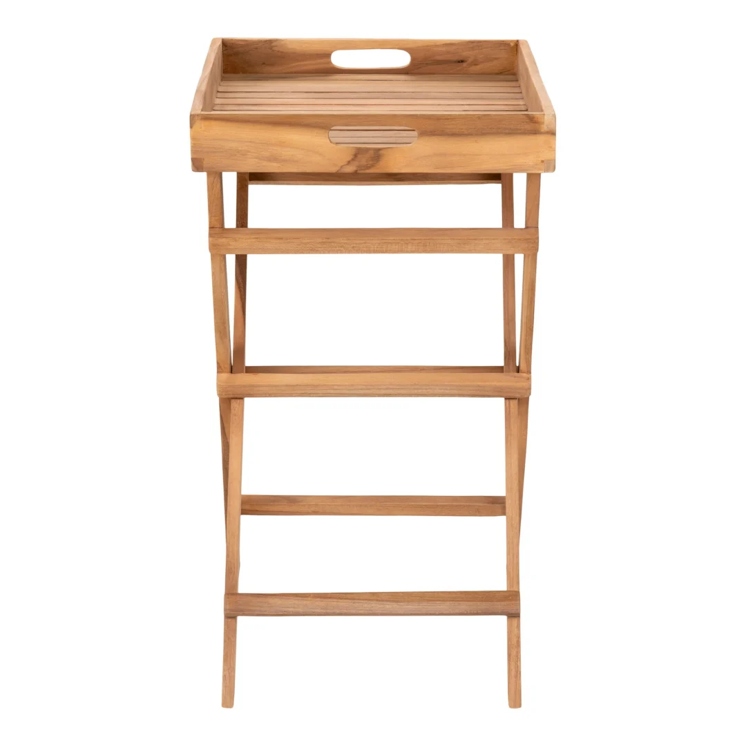 De Ronda Teak Dienbladtafel is een teakhouten inklapbaar dienbladtafeltje (29×39×49,5 cm) met een rechthoekig blad, handvatuitsparing en gekruiste inklapbare poten.
