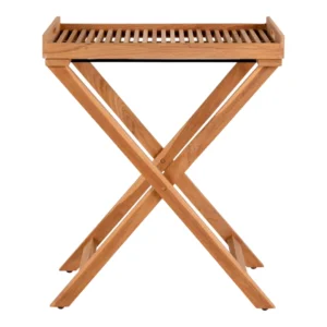 De Ronda Dienbladtafel is een houten dienbladtafel met een lattenblad, opstaande randen en gekruiste poten, tegen een effen witte achtergrond.