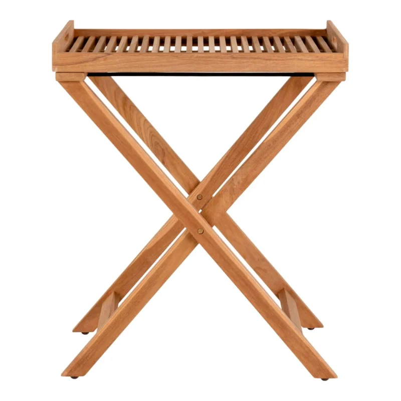 De Ronda Dienbladtafel is een houten dienbladtafel met een lattenblad, opstaande randen en gekruiste poten, tegen een effen witte achtergrond.
