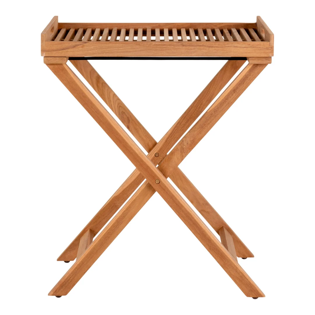 De Ronda Dienbladtafel is een houten dienbladtafel met een lattenblad, opstaande randen en gekruiste poten, tegen een effen witte achtergrond.