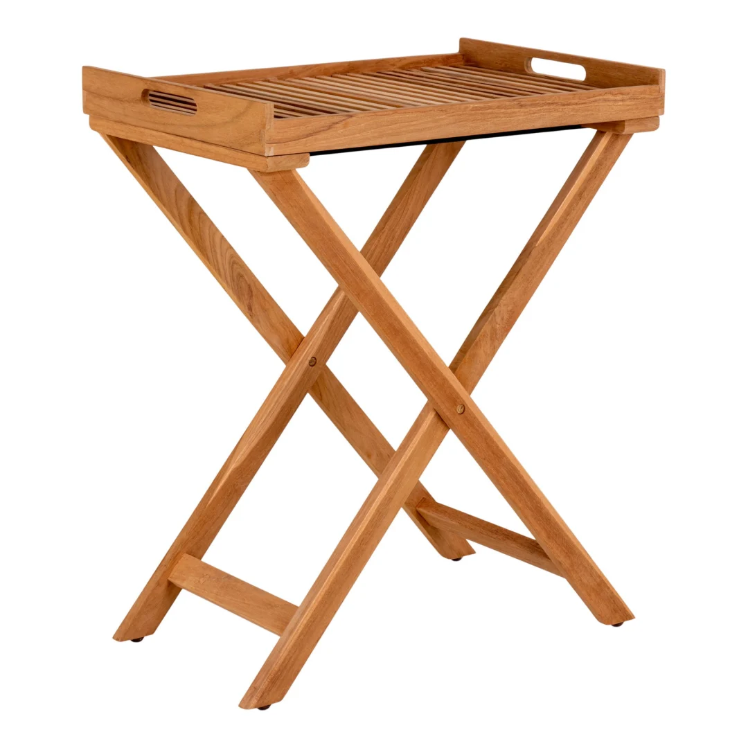 De Ronda Dienbladtafel is een houten inklapbaar dienbladtafeltje met een lattenblad, opstaande randen en handvatuitsparingen aan beide zijden. De X-vormige poten bieden steun en kunnen eenvoudig worden ingeklapt voor handig opbergen.
