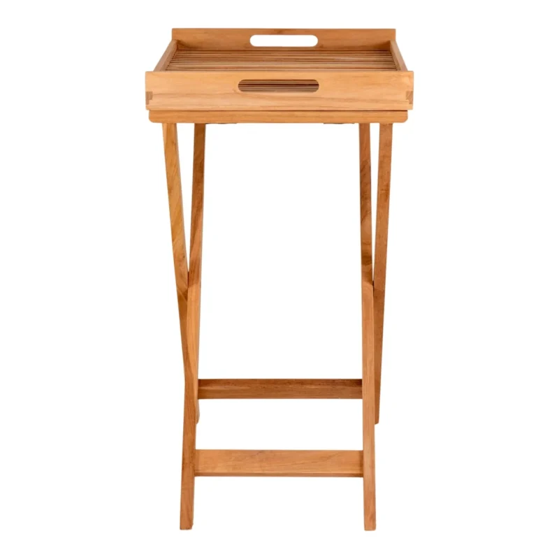 De Ronda Dienbladtafel is een houten klaptafel met een rechthoekig blad met opstaande randen, uitgesneden handgrepen, gekruiste poten en een horizontale steunbalk.