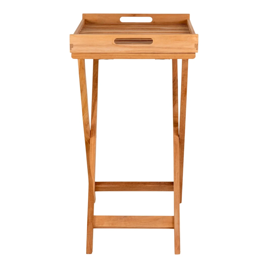 De Ronda Dienbladtafel is een houten klaptafel met een rechthoekig blad met opstaande randen, uitgesneden handgrepen, gekruiste poten en een horizontale steunbalk.