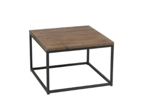 Bijzettafel Zwart, Bruin 60 x 41 CM: een vierkante bijzettafel met houten blad en eenvoudig zwart metalen frame, afgebeeld tegen een witte achtergrond.