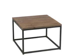 Bijzettafel Zwart, Bruin 60 x 41 CM: een vierkante bijzettafel met houten blad en eenvoudig zwart metalen frame, afgebeeld tegen een witte achtergrond.