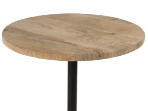 De Tafel Bar Rond Hout/Metaal Natuurlijk/Zwart is een ronde houten tafel met een natuurlijke afwerking, voorzien van een zwart metalen voetstuk met ronde voet.