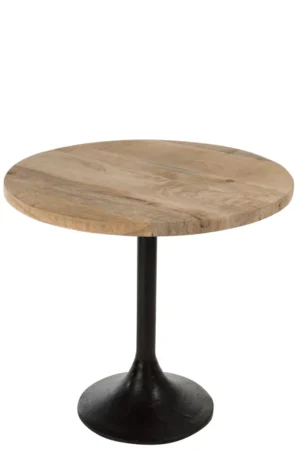 De Tafel Bar Rond Hout/Metaal Natuurlijk/Zwart is een ronde houten tafel met een natuurlijke afwerking, voorzien van een zwart metalen voetstuk met ronde voet.