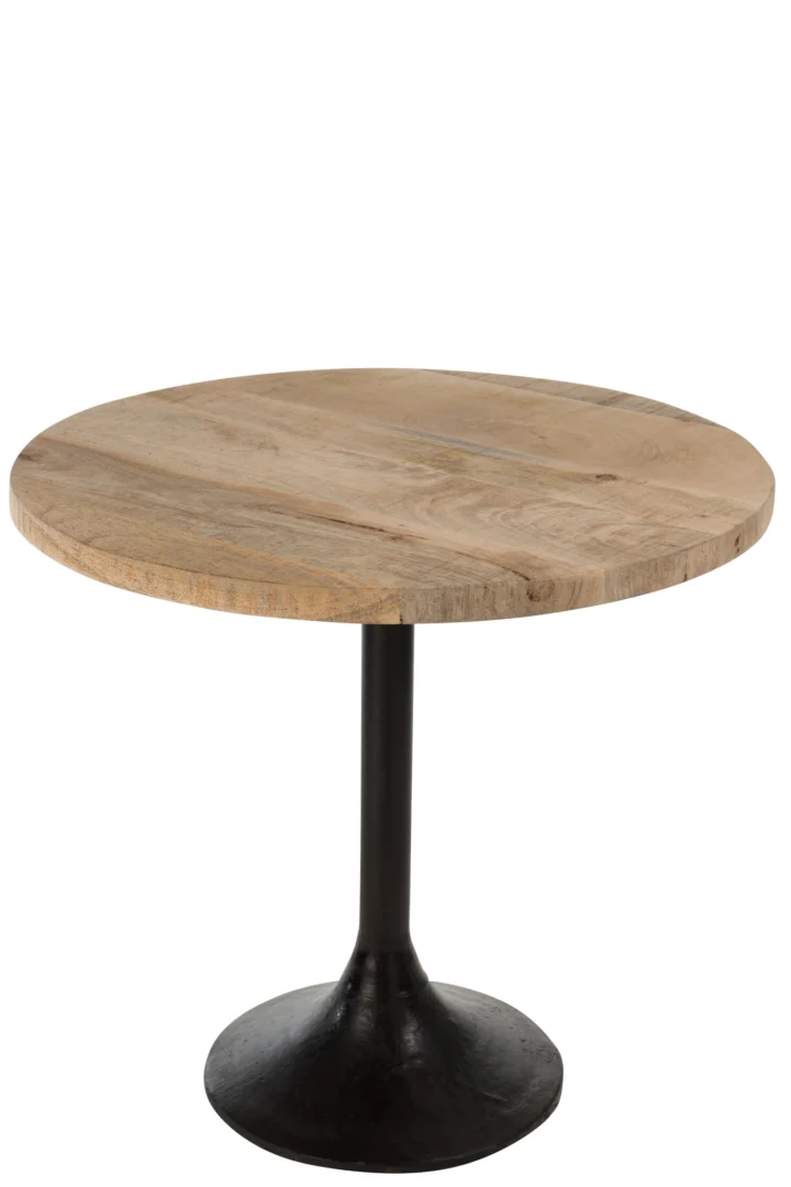De Tafel Bar Rond Hout/Metaal Natuurlijk/Zwart is een ronde houten tafel met een natuurlijke afwerking, voorzien van een zwart metalen voetstuk met ronde voet.