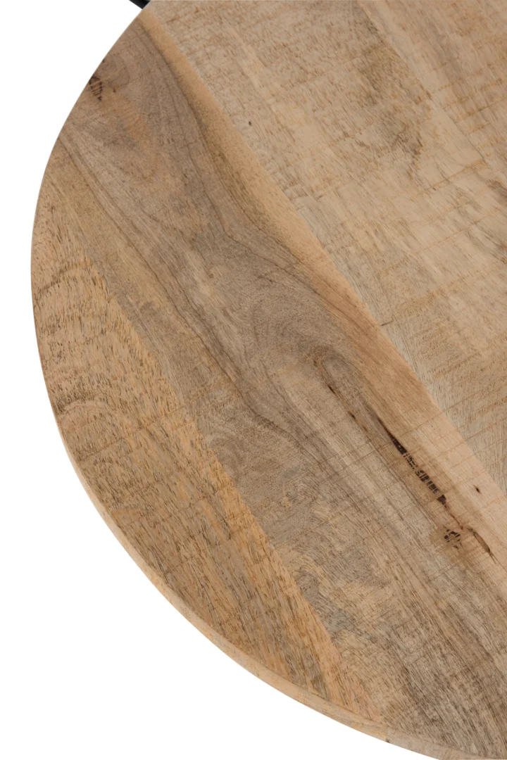Een close-up van de Tafel Bar Rond Hout/Metaal Natuurlijk/Zwart toont het ronde houten tafelblad met natuurlijke nerfpatronen en een gladde, lichtbruine afwerking.