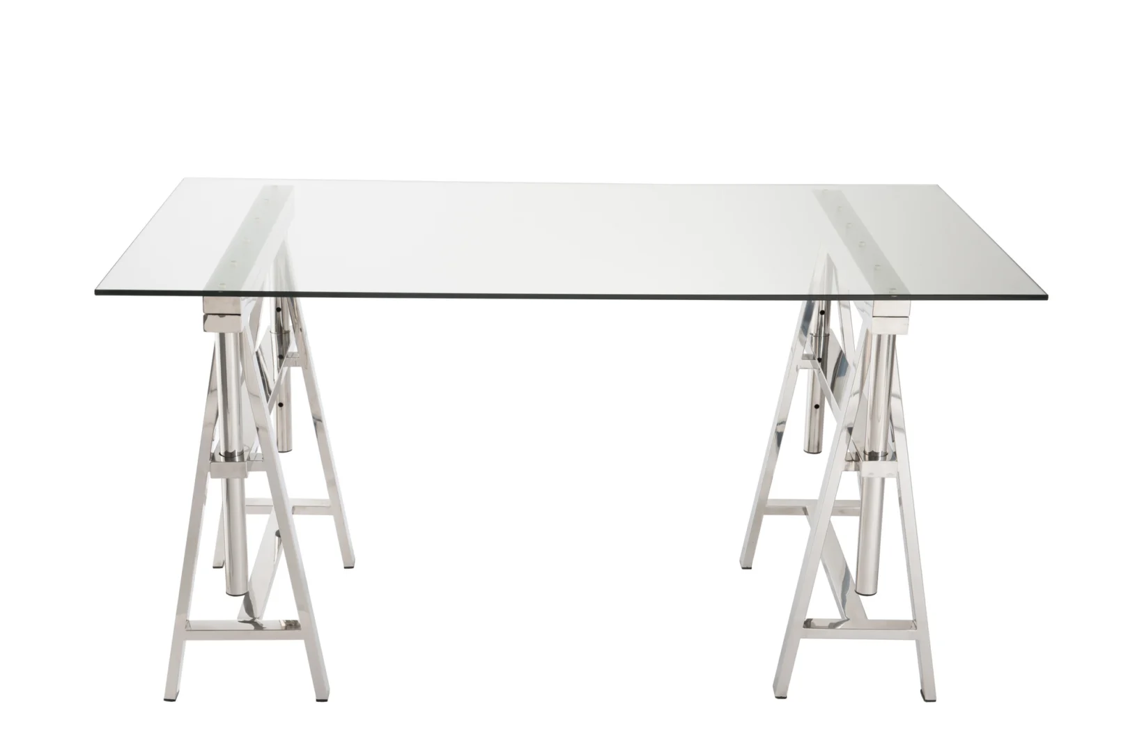 Verstelbaar bureau met roestvrij stalen frame en transparant glazen blad. Zilverkleurig.