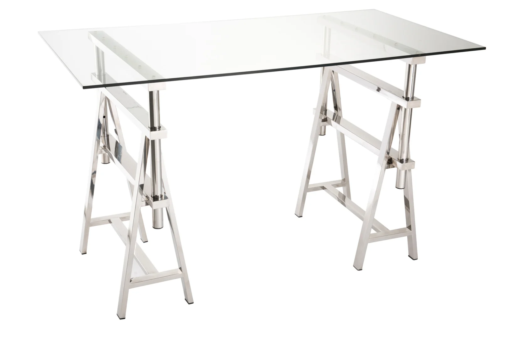 Verstelbaar bureau van roestvrij staal en glas, zilver/transparant. Modern design bureau.