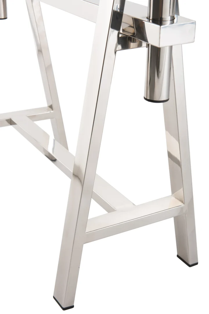 Detail verstelbaar bureau: zilver roestvrij staal frame. Modern en strak design.