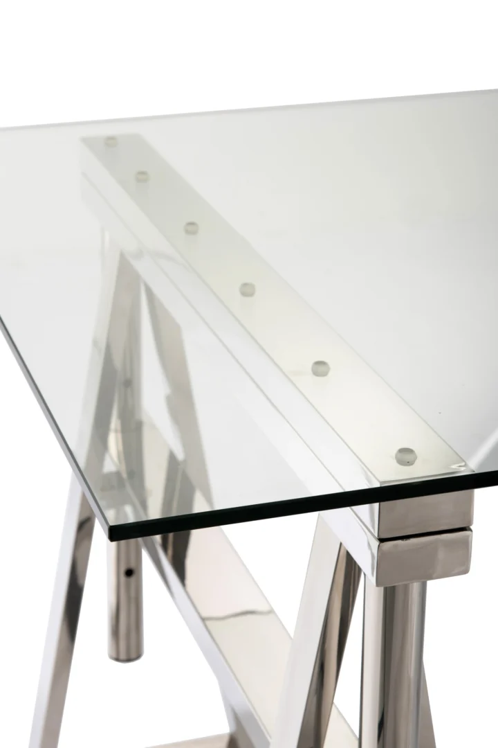 Bureau verstelbaar roestvrij staal met glazen blad. Zilver/transparant design.