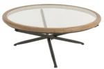 De Salontafel Bruin is een ronde glazen salontafel van 100 x 40 cm, met een licht houten frame en gekruiste donker metalen poten, afgebeeld op een witte achtergrond.