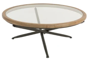 De Salontafel Bruin is een ronde glazen salontafel van 100 x 40 cm, met een licht houten frame en gekruiste donker metalen poten, afgebeeld op een witte achtergrond.