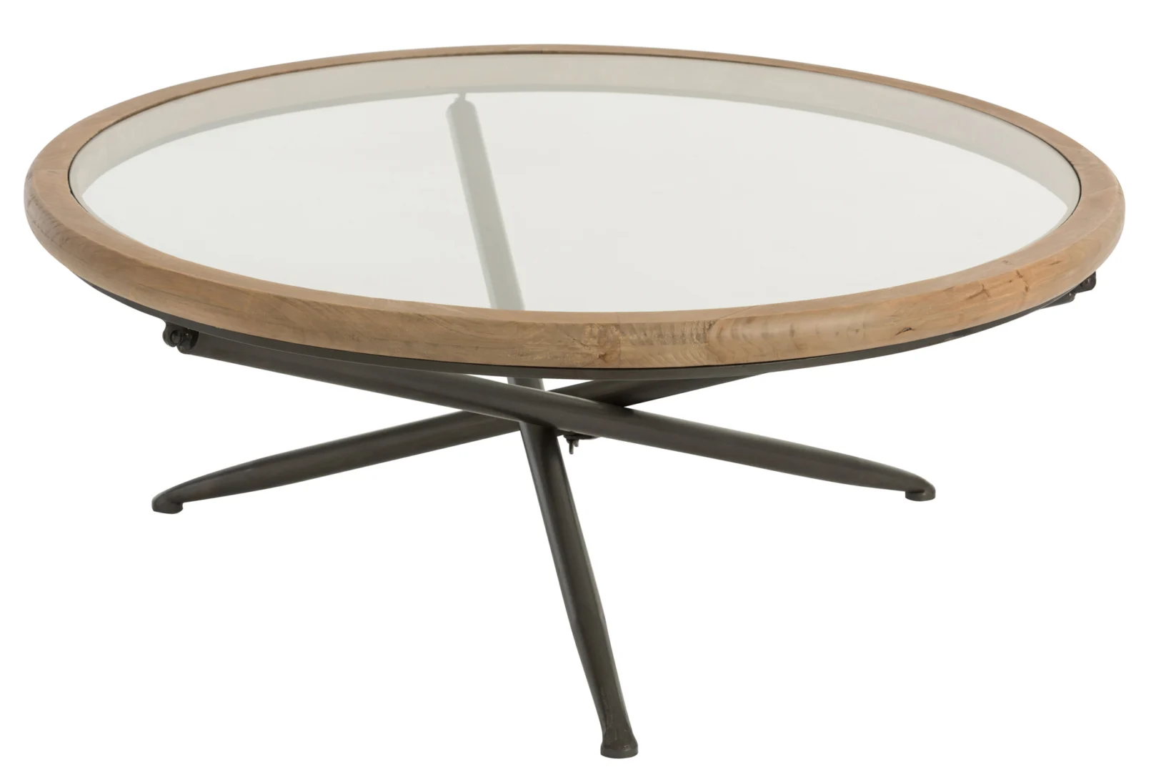 De Salontafel Bruin is een ronde glazen salontafel van 100 x 40 cm, met een licht houten frame en gekruiste donker metalen poten, afgebeeld op een witte achtergrond.