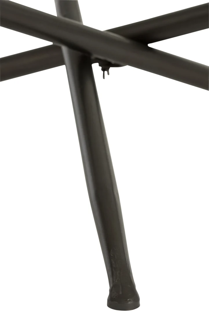 Close-up van elkaar kruisende zwarte metalen poten van Salontafel Bruin 100 x 40 CM Rond Metaal, met de gekruiste structuur en gladde matte afwerking tegen een witte achtergrond.
