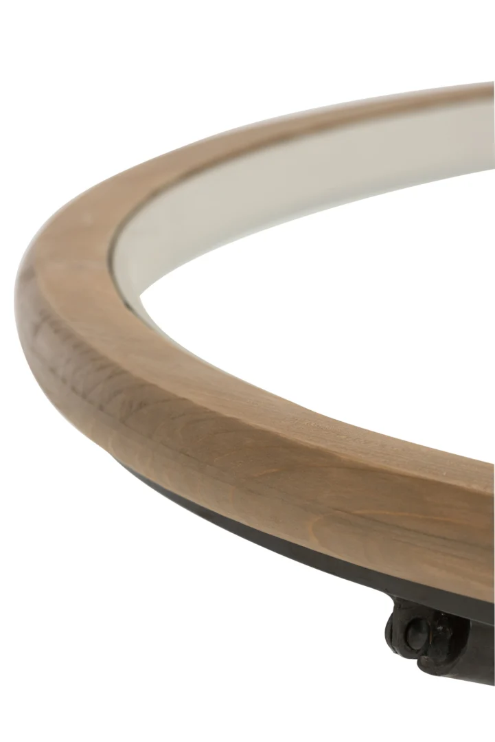 Close-up van de rand van de Salontafel Bruin, een ronde metalen salontafel van 100 x 40 cm.