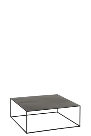 De Salontafel Zwart 80 x 80 CM Vierkant heeft een minimalistisch vierkant ontwerp met een dun zwart metalen frame en een massief zwart tafelblad, tegen een effen witte achtergrond.