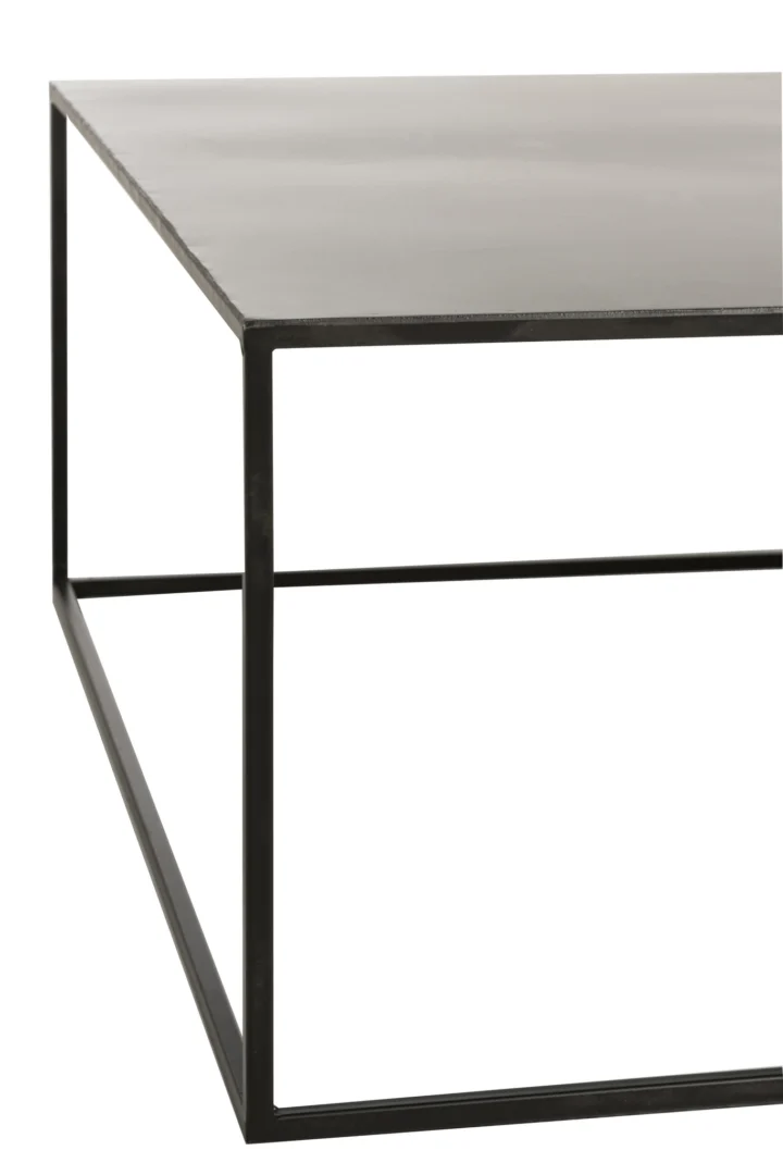 De Salontafel Zwart 80 x 80 CM Vierkant is een minimalistische vierkante salontafel met een dun zwart metalen frame en een glad tafelblad, afgebeeld op een witte achtergrond.