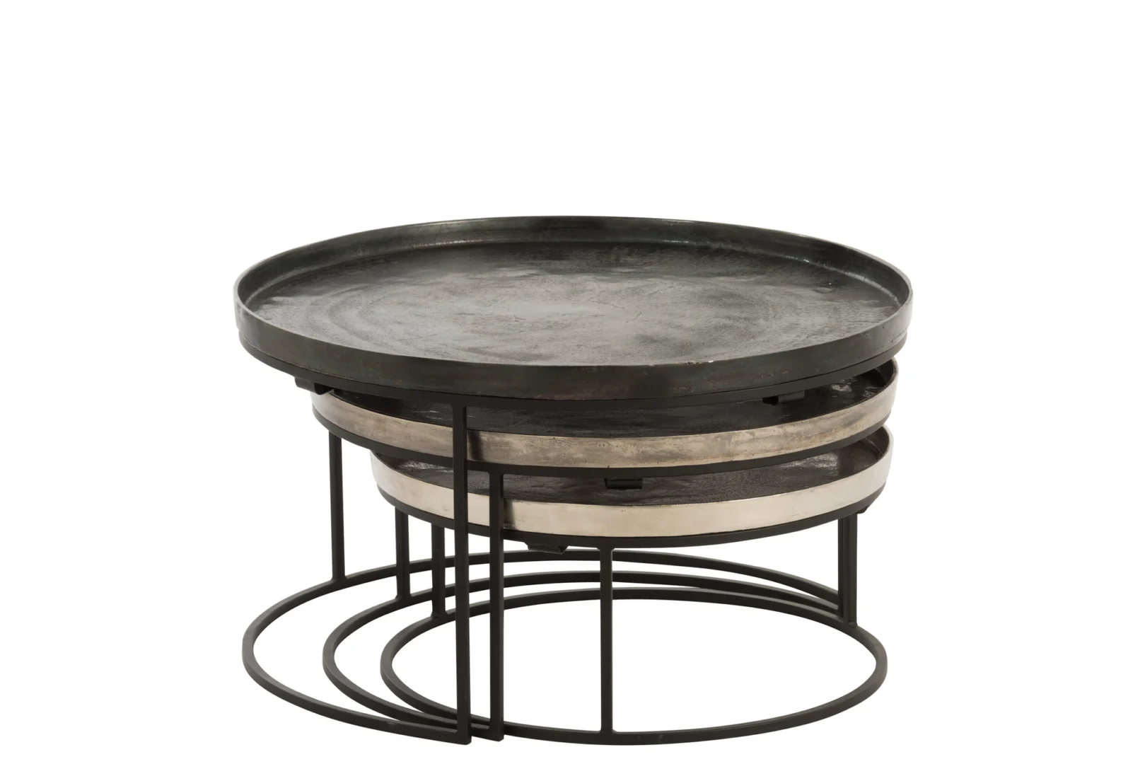 De Bijzettafel Zwart Rond Aluminium is een ronde salontafel in industriële stijl met een donker metalen blad, twee verwijderbare zilveren bladen en een zwart metalen frame met ronde poten.