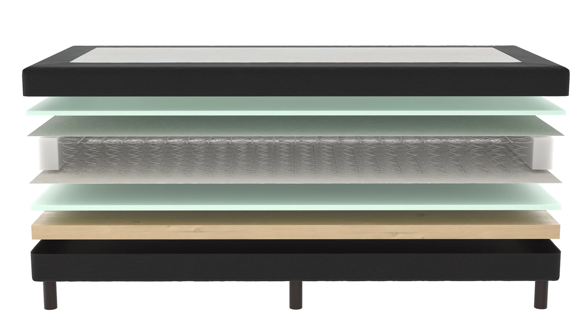 Doorsnede van een zwarte boxspring met luxe bonellvering. Houten frame en poten. De lagen zijn uit elkaar getrokken. Heldere achtergrond.