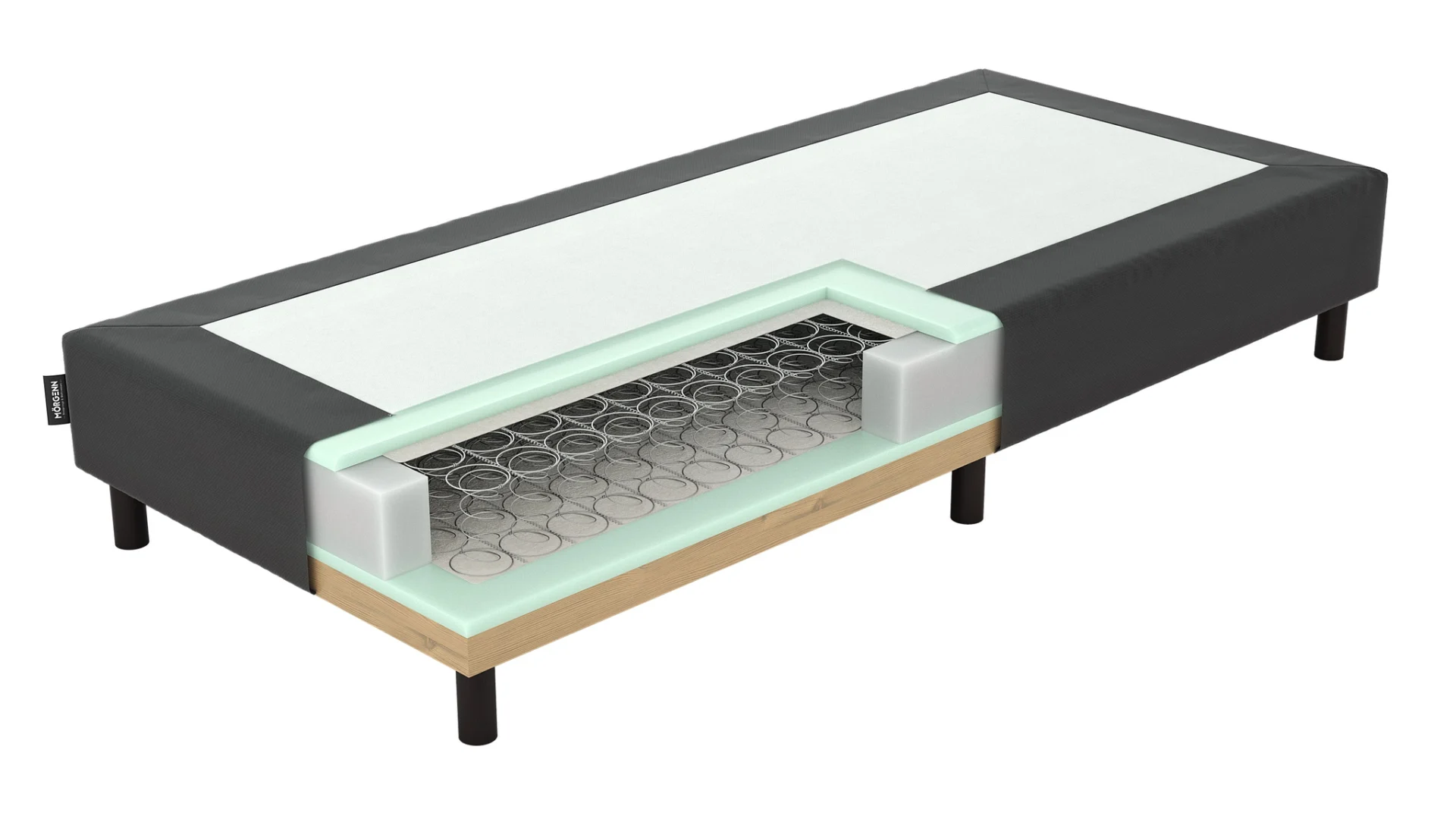 Dwarsdoorsnede van een zwarte boxspring met bonellvering. Het binnenwerk is zichtbaar, met veren en schuim. Lichte, egale achtergrond.