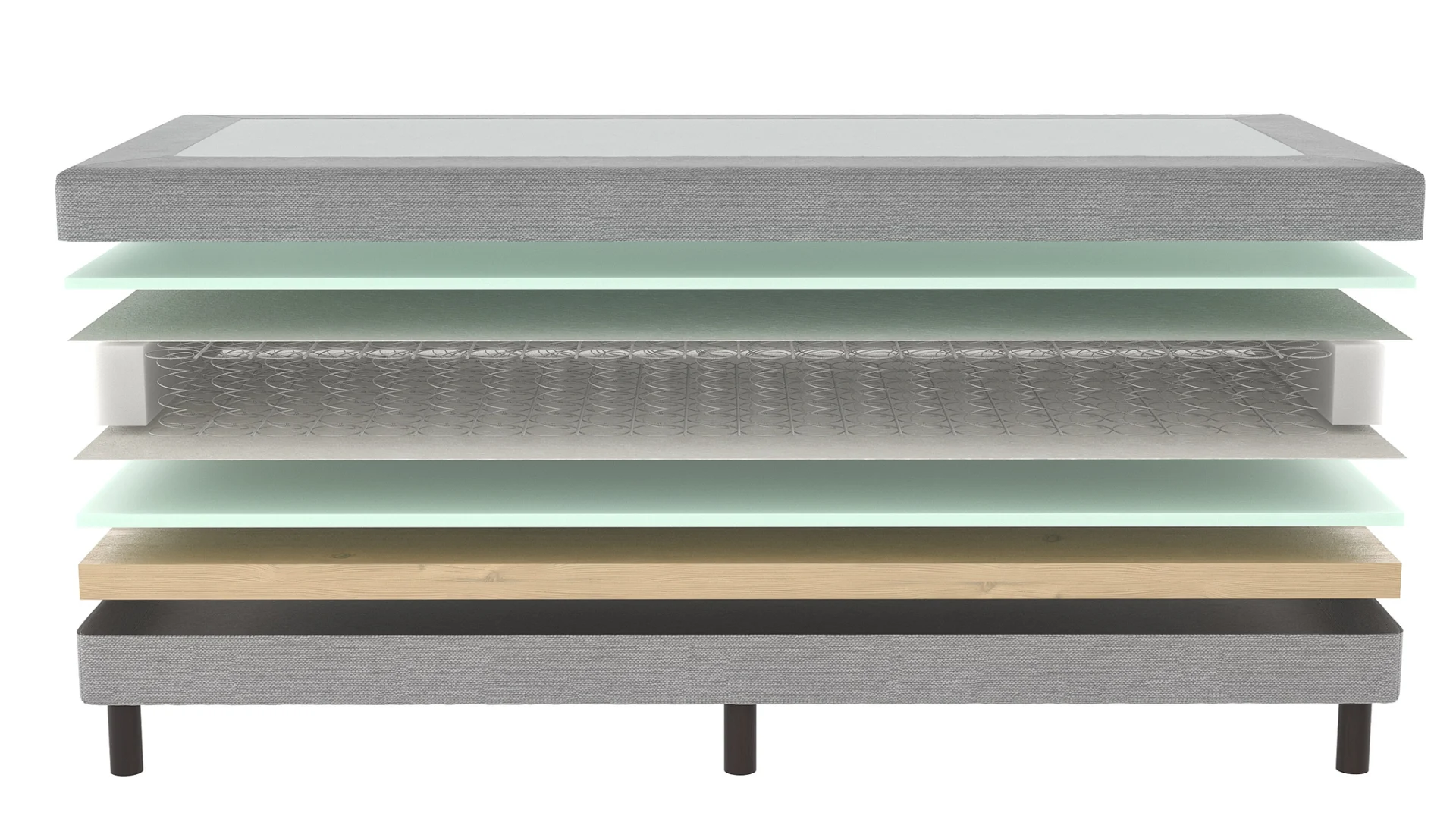 Doorsnede van een grijze boxspring met bonellvering, heldere belichting. De lagen zijn zichtbaar, van stof tot hout.