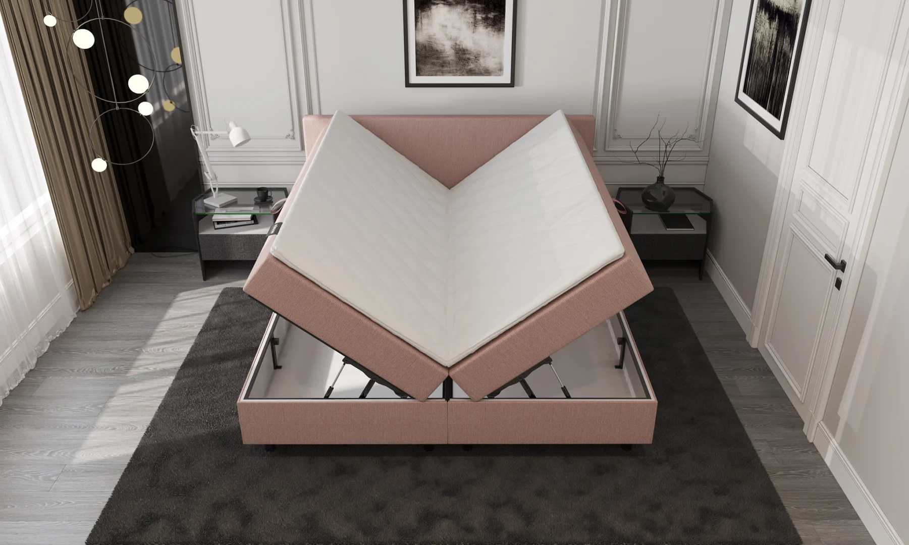 Opengeklapte oud roze boxspring met opbergruimte, lichte kamer, grijze vloerbedekking. Het bed staat centraal in de kamer.