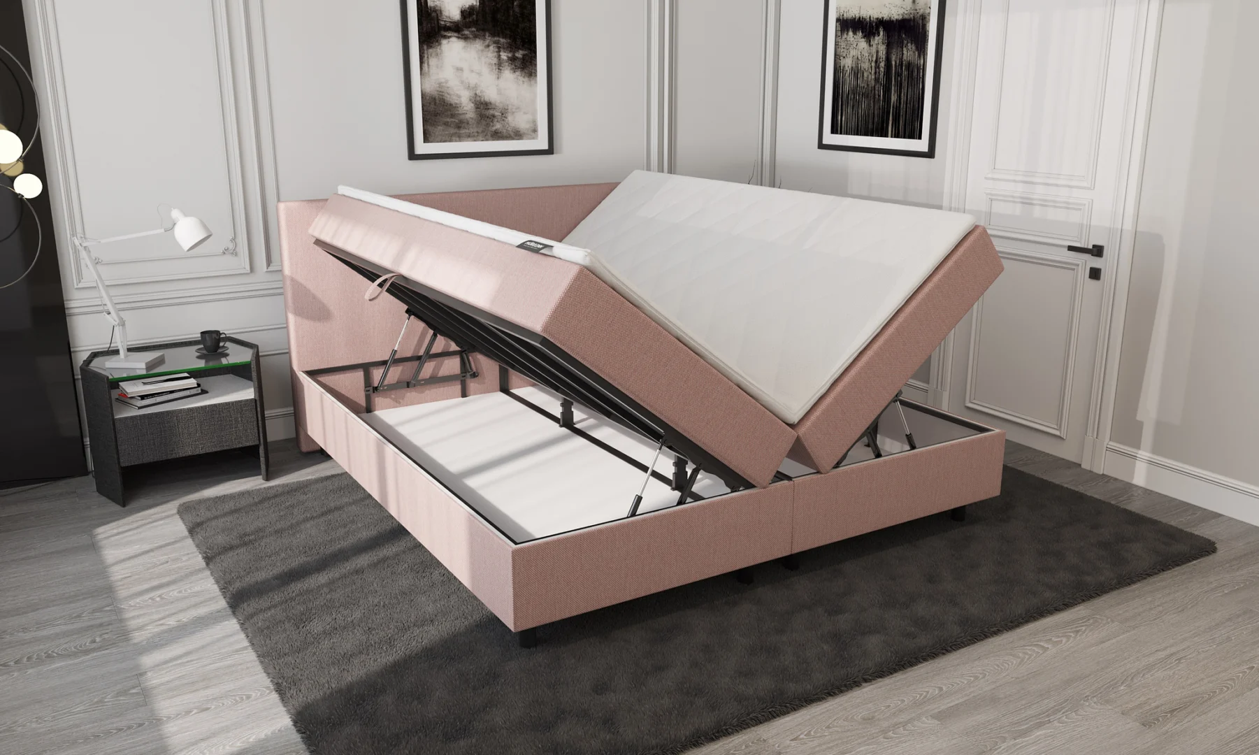 Opengeklapte oud roze boxspring met opbergruimte, pocketvering matras. Zijaanzicht, zacht licht, grijze vloerbedekking.