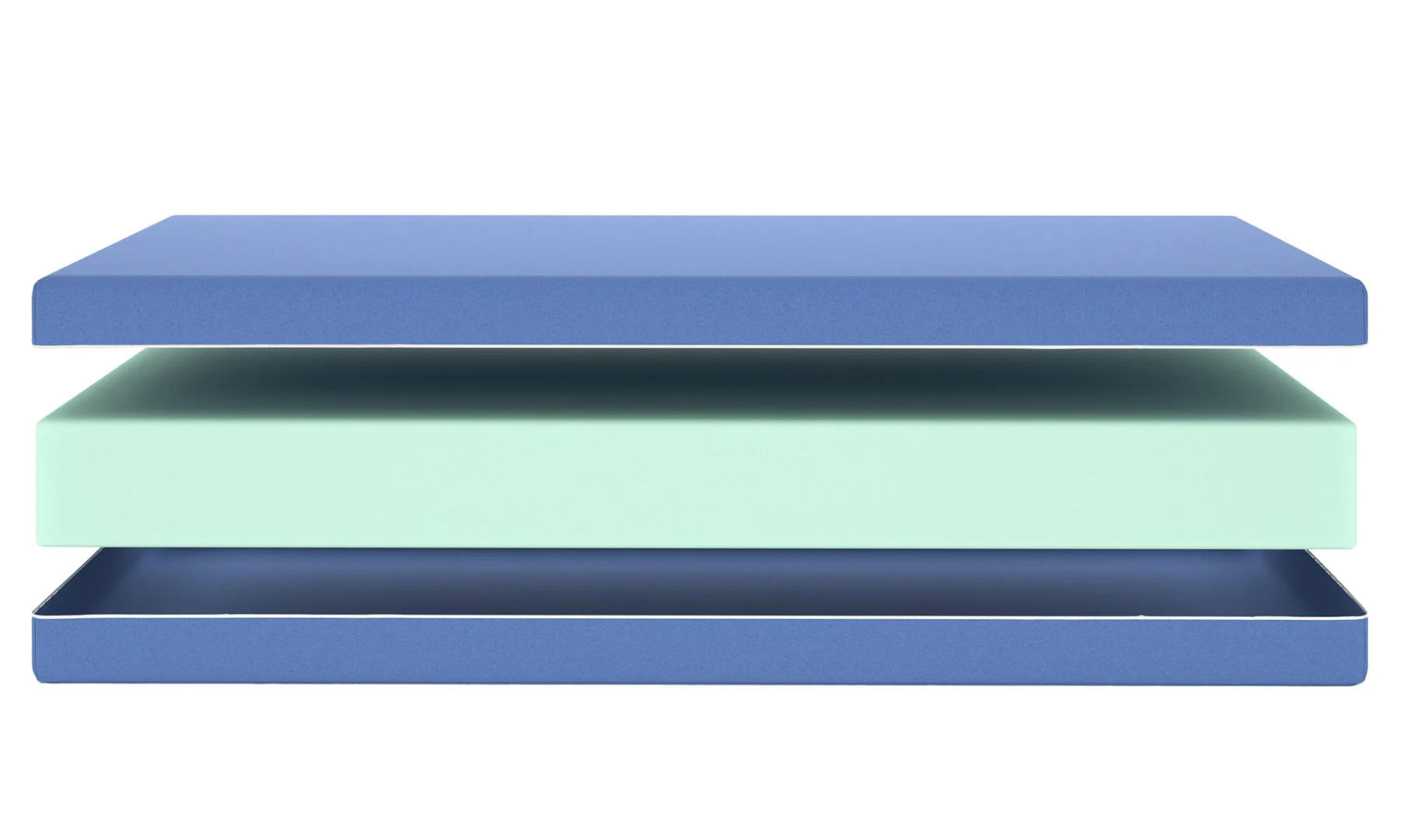 Doorsnede van een blauwe en groene koudschuim matras, geïsoleerd op een witte achtergrond. Zachte belichting, horizontale weergave.