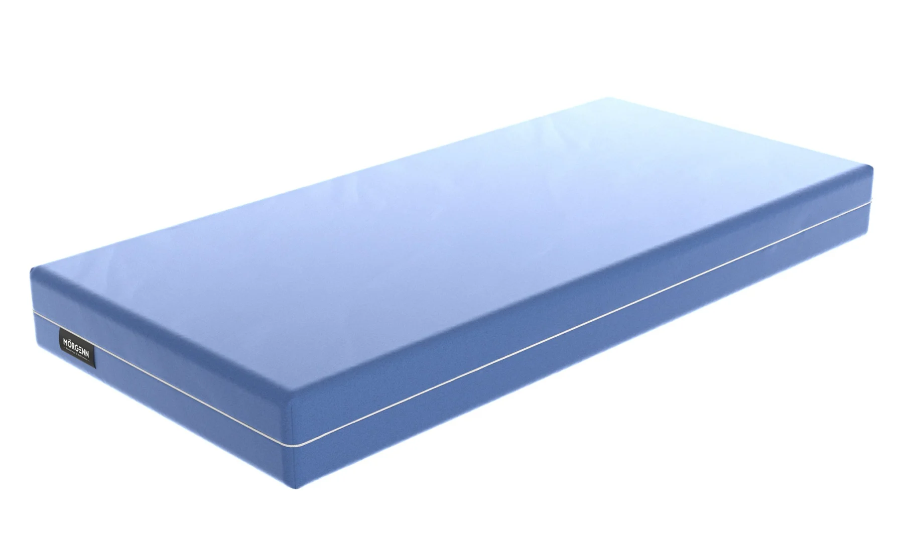 Blauwe incontinentiematras op witte achtergrond. De matras heeft een gladde, waterdichte afwerking en strakke lijnen.