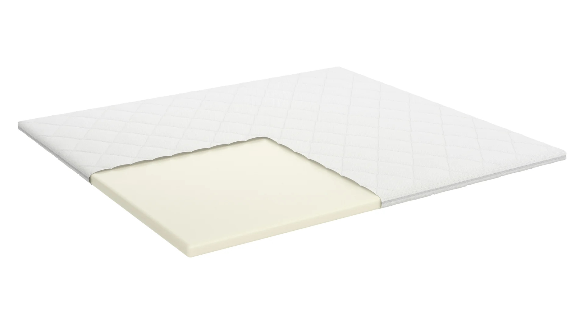 Detailopname van een witte koudschuim topmatras met een open gesneden hoek, waardoor de schuimvulling zichtbaar is, op een witte achtergrond.