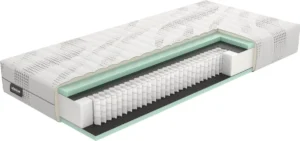 Doorsnede van een pocketvering matras met koudschuim. De matras is wit met lichtgroene en zwarte accenten. Heldere belichting.