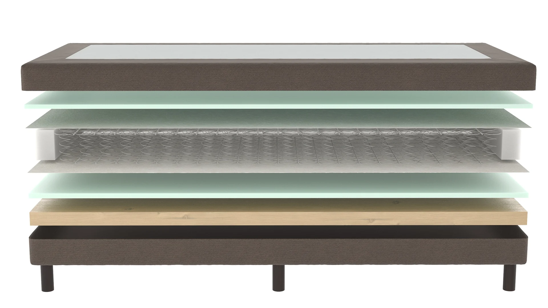 Doorsnede van een bruine boxspring met bonellvering, lagen van schuim en hout zijn zichtbaar. De achtergrond is wit en de belichting is helder.