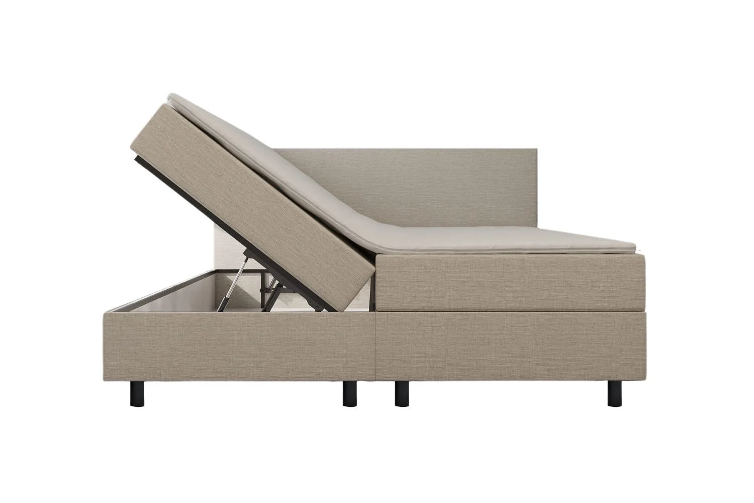 Beige boxspring met opbergruimte, zijaanzicht. De boxspring is opengeklapt en de binnenkant is zichtbaar. Zachte, natuurlijke belichting.
