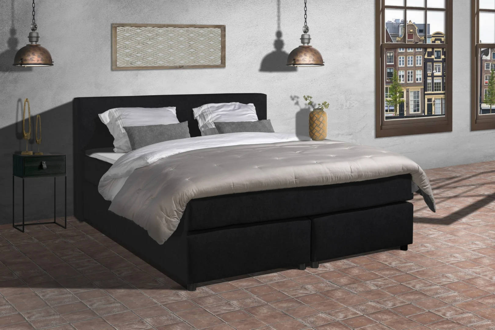Boxspring Stof Zwart 200 x210 Pocketvering HR40 Topper - Afbeelding 2