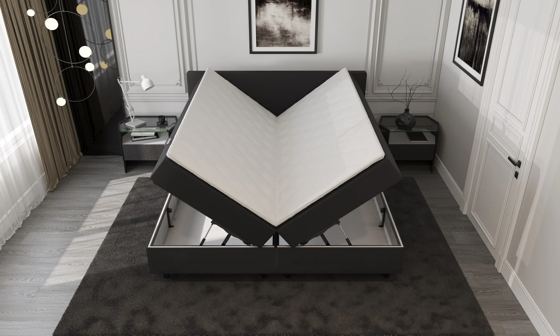Boxspring Zwart Opbergruimte 180 x210 Pocketvering Topper - Afbeelding 3