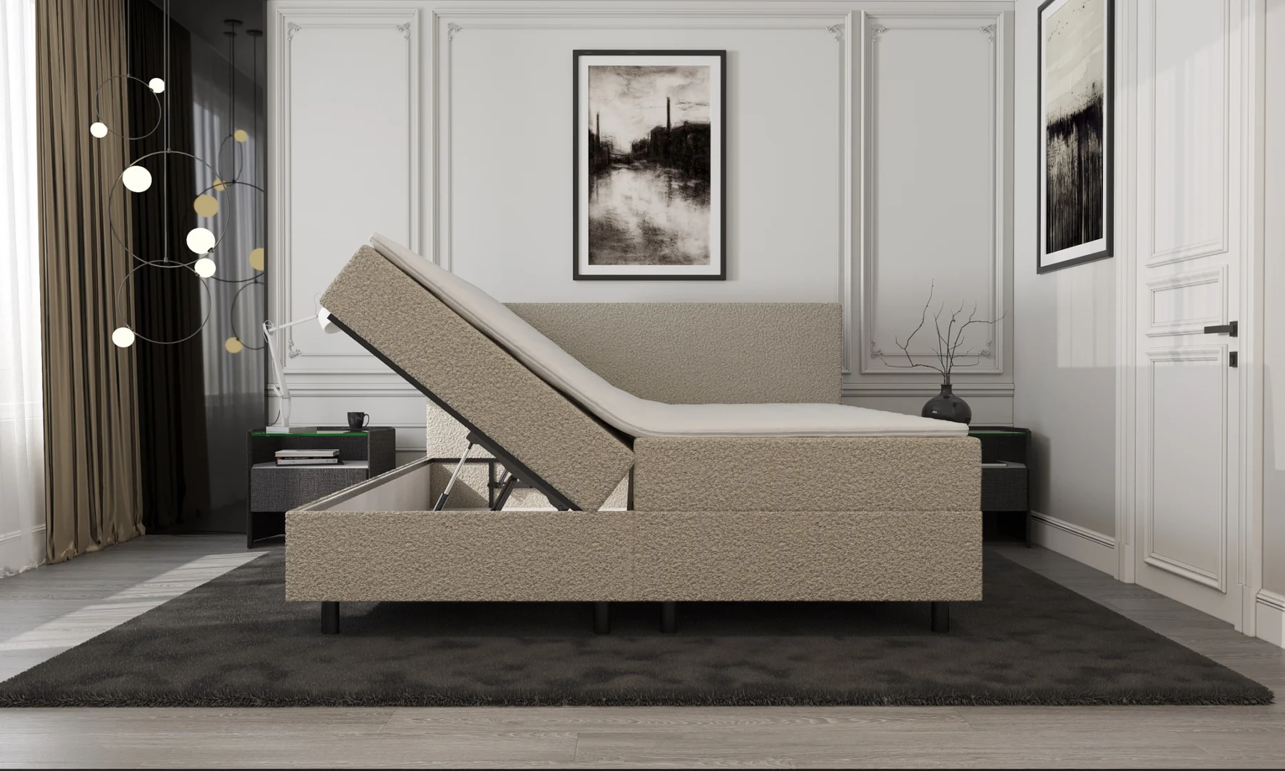 Boxspring Bouclé Beige met opbergruimte 140 x210 Compleet - Afbeelding 2