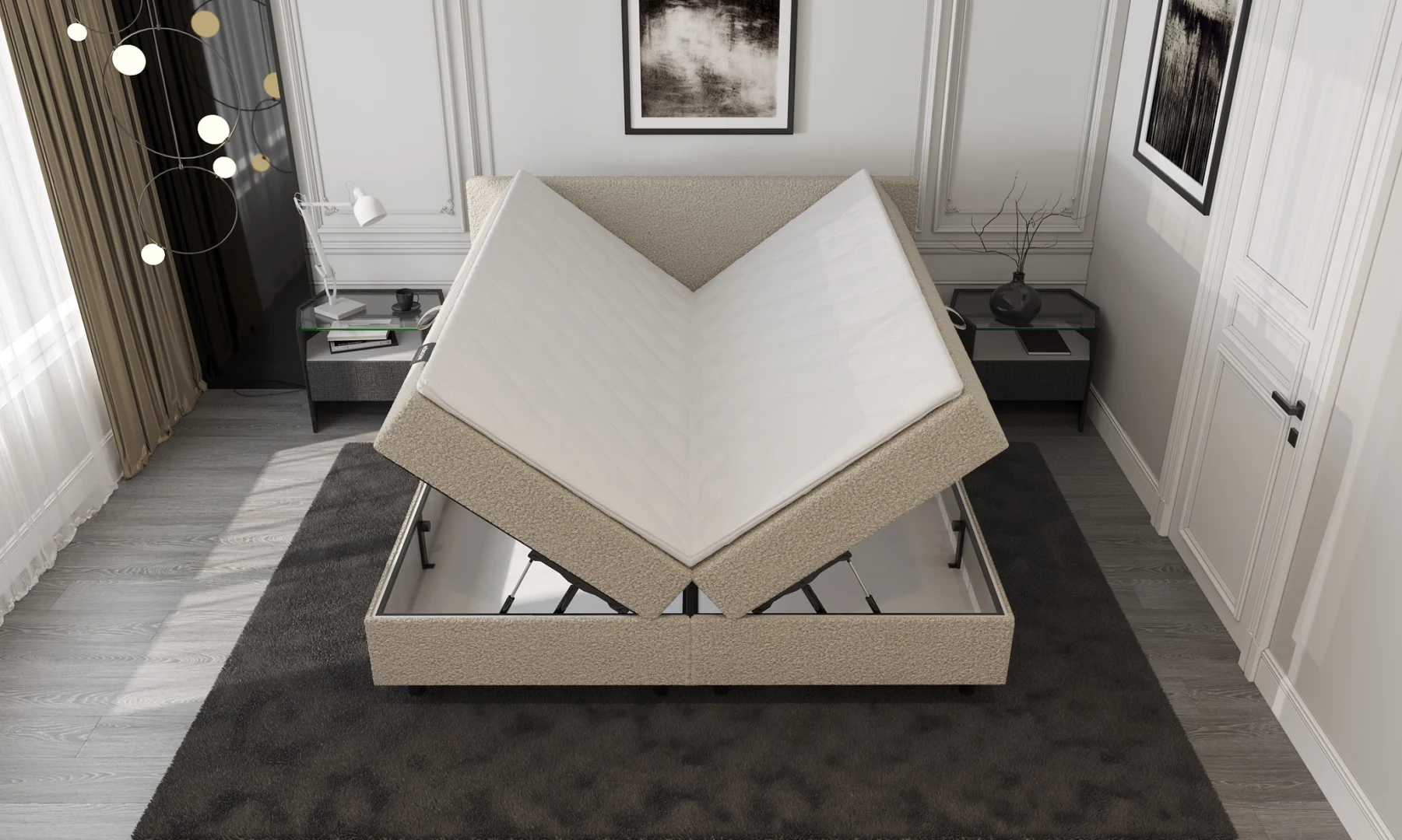 Boxspring Bouclé Beige met opbergruimte 140 x210 Compleet - Afbeelding 3