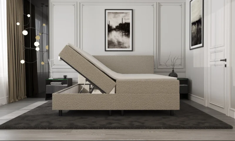 Boxspring Bouclé Beige 160 x200 Opbergruimte Pocketvering - Afbeelding 2