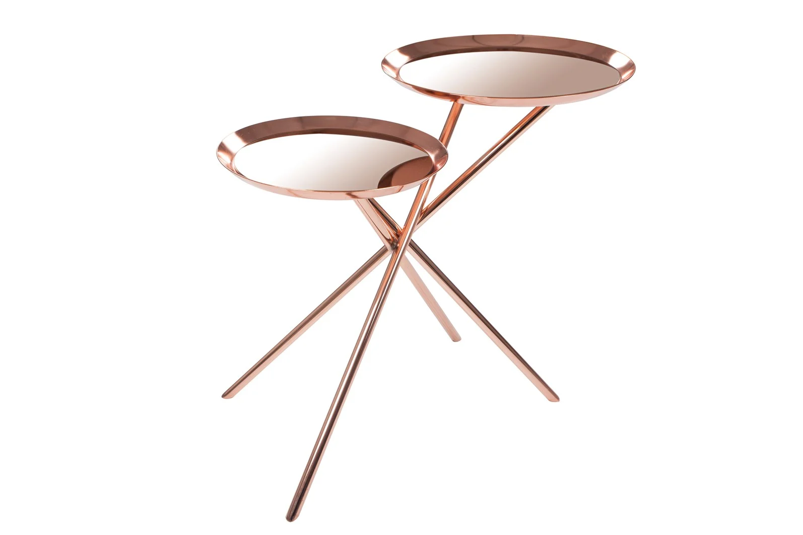 De Bijzettafel Goud, Roze Ijzer Chique is een moderne bijzettafel met twee ronde spiegeloppervlakken op verschillende hoogtes, ondersteund door drie slanke, gehoekte roségoudkleurige metalen poten die elkaar kruisen bij de basis.