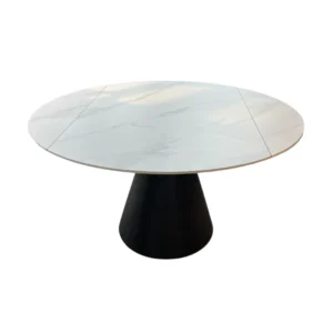 De DRAAI DT ZWART 135/86X75 heeft een rond wit gesinterd stenen blad met subtiele grijze adering, op een brede zwarte kegelvormige basis.