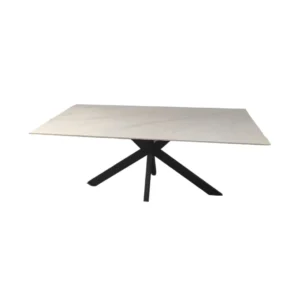 De OCTOPUS DT ZWART 180X90 WITTE SINTERSTEEN is een moderne rechthoekige eettafel met een blad van wit gesinterd steen en zwarte metalen poten in een kriskras ontwerp.