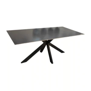 De OCTOPUS DT ZWART 180X90 LICHTGRIJS SINTERSTEEN is een moderne rechthoekige tafel met een glad, lichtgrijs sinterstenen blad en een hoekig zwart metalen onderstel met vier gespreide poten, afgebeeld tegen een effen witte achtergrond.