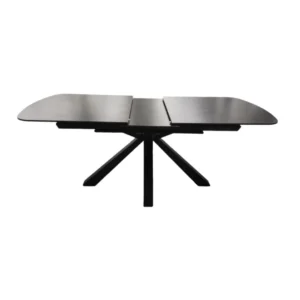 De OCTOPUS DT ZWART 160/200X90 DONKERGRIJZE SINTERSTEEN is een moderne donkerhouten eettafel met afgeronde hoeken, een centraal verlengstuk en een voetstuk met vier schuine poten.