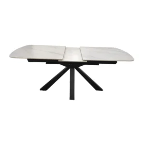 De OCTOPUS DT ZWART 160/200X90 WIT SINTERSTEEN is een moderne rechthoekige eettafel met een blad van witte gesinterde steen, zwarte metalen poten in een kruisvormig ontwerp en een uitschuifbaar middendeel.